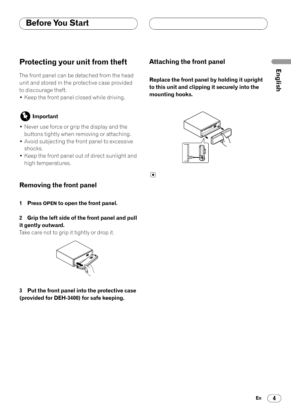 Protecting your unit from theft 4, Before you start, Protecting your unit from theft | Pioneer DEH-3400 User Manual | Page 5 / 56