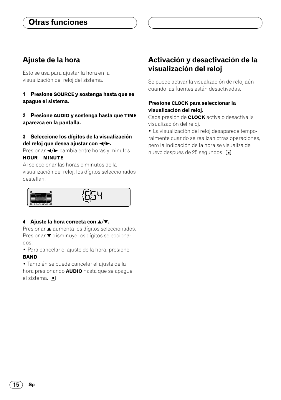 Otras funciones, Visualización del reloj 15, Ajuste de la hora | Pioneer DEH-3400 User Manual | Page 52 / 56