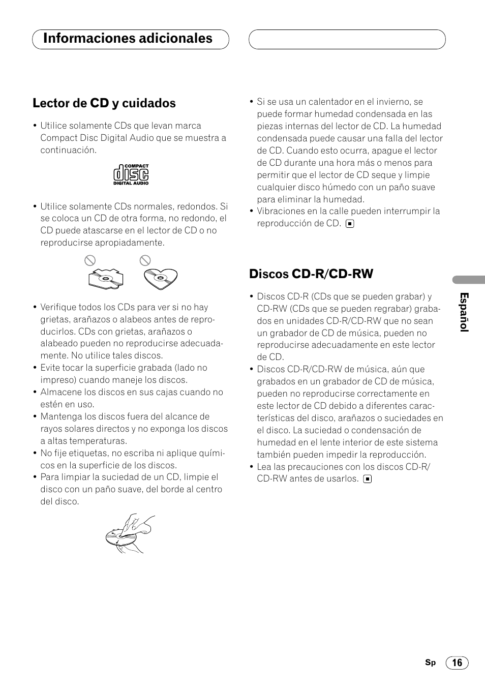 Informaciones adicionales, Lector de cd y cuidados 16 discos cd-r/cd-rw 16, Lector de cd y cuidados | Discos cd-r/cd-rw | Pioneer DEH-3400 User Manual | Page 53 / 56