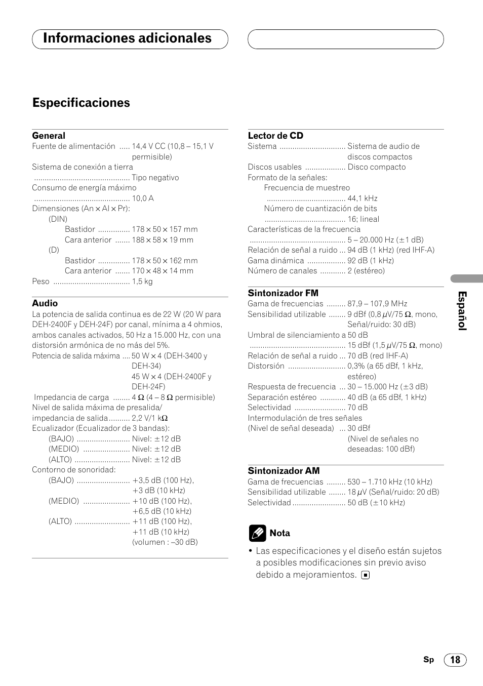 Especificaciones 18, Informaciones adicionales, Especificaciones | English f rançais español | Pioneer DEH-3400 User Manual | Page 55 / 56