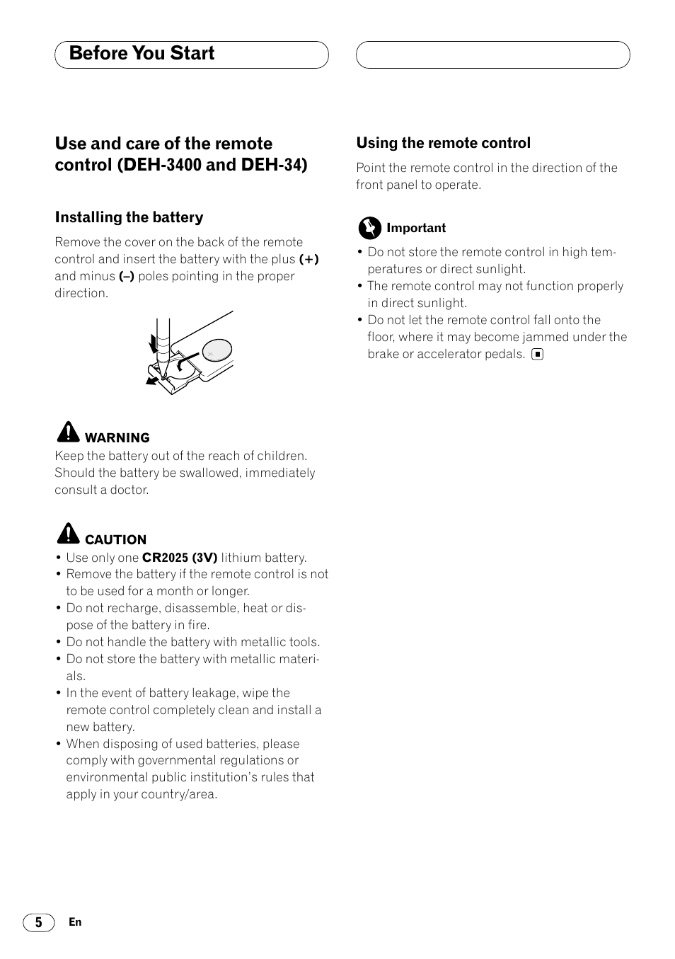 Use and care of the remote control, Before you start | Pioneer DEH-3400 User Manual | Page 6 / 56