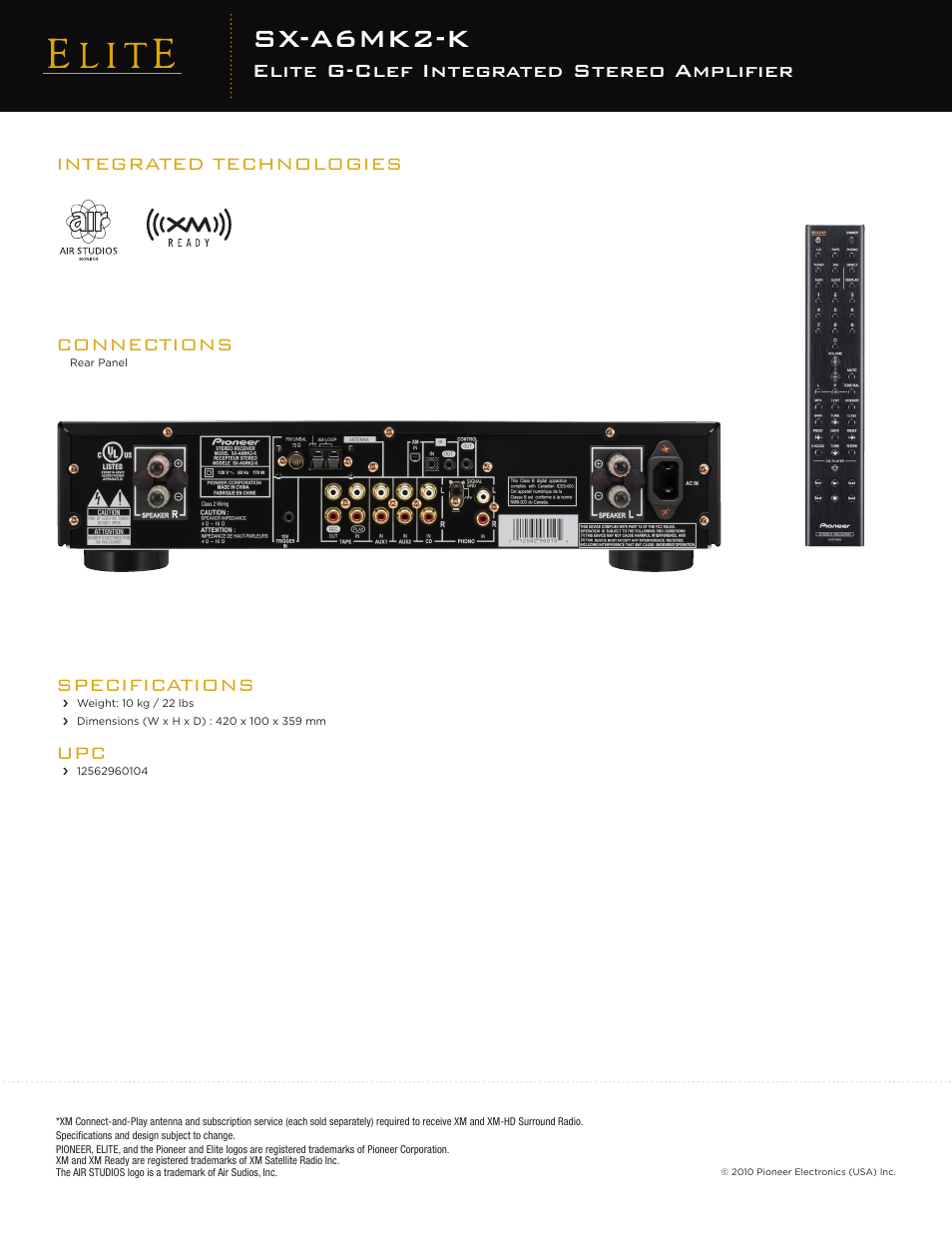 Sx-a6mk2-k, Elite g-clef integrated stereo amplifier, Connections | Integrated technologies, Specifications | Pioneer SX-A6MK2-K User Manual | Page 2 / 2