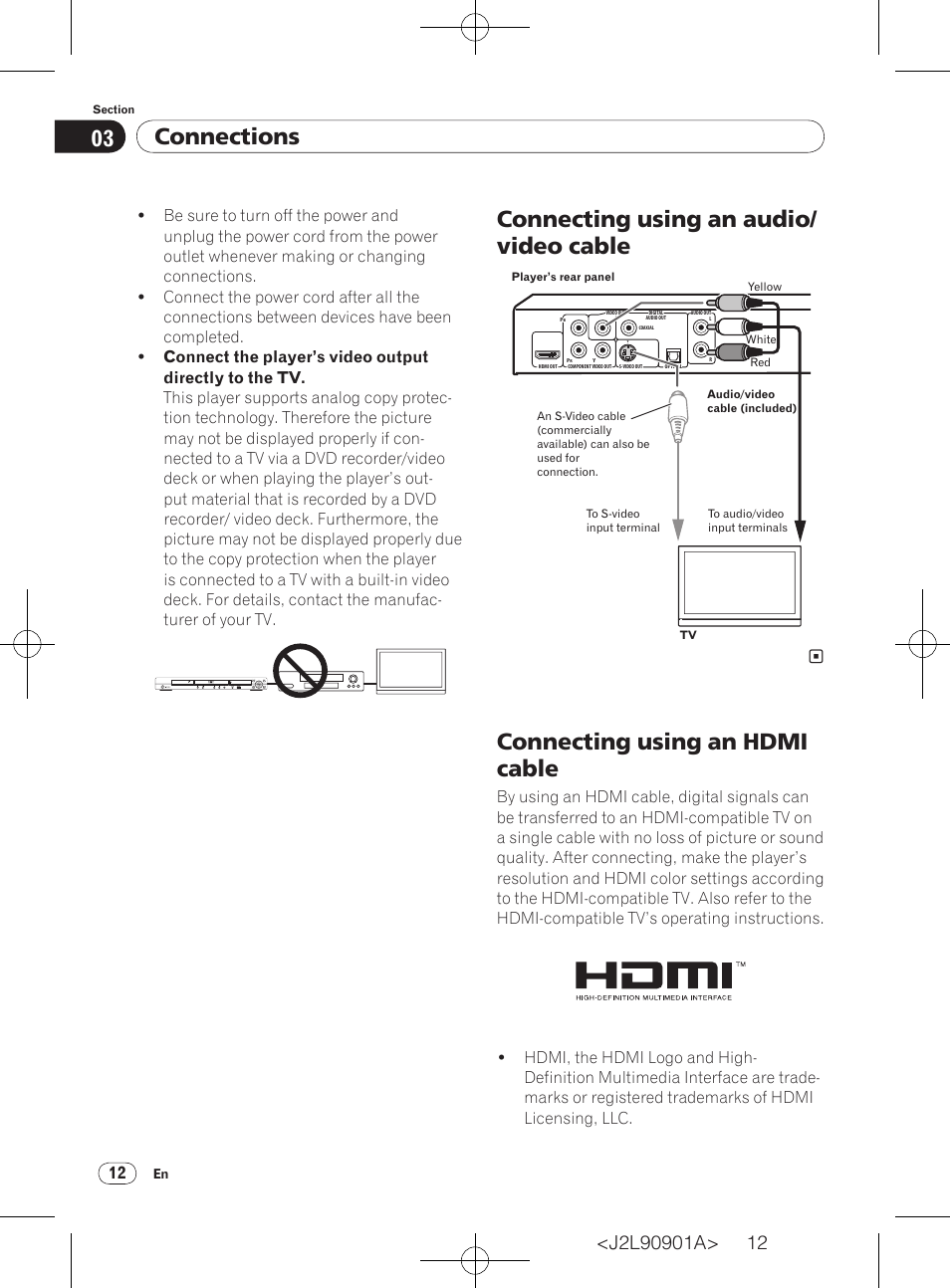 Connections, Connecting using an audio/ video cable, Connecting using an hdmi cable | Pioneer DV-420V-S User Manual | Page 12 / 47