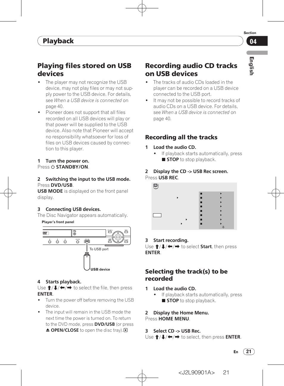 Playback, Playing files stored on usb devices, Recording audio cd tracks on usb devices | Recording all the tracks, Selecting the track(s) to be recorded, English | Pioneer DV-420V-S User Manual | Page 21 / 47