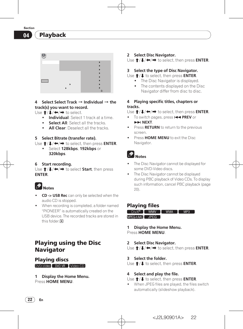 Playing using the disc navigator, Playback, Playing discs | Playing files | Pioneer DV-420V-S User Manual | Page 22 / 47
