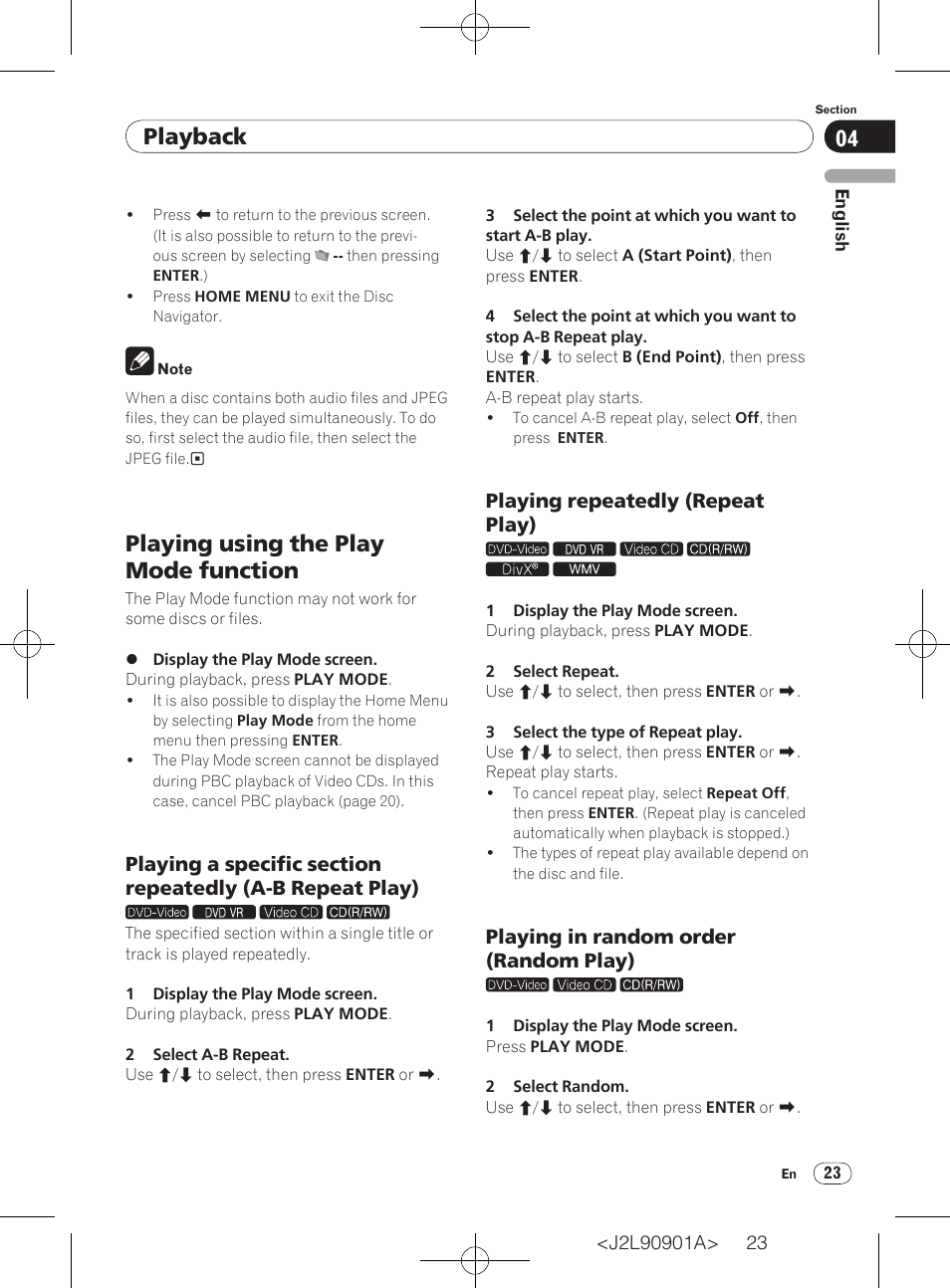 Playing using the play mode function, Playback | Pioneer DV-420V-S User Manual | Page 23 / 47