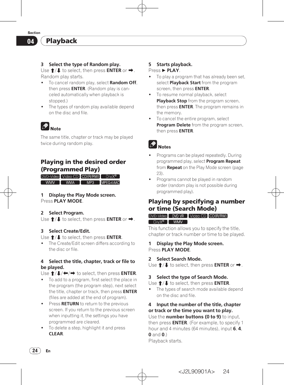 Playback, Playing in the desired order (programmed play) | Pioneer DV-420V-S User Manual | Page 24 / 47