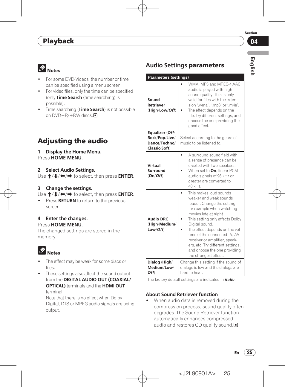 Adjusting the audio, Playback, Audio settings parameters | Pioneer DV-420V-S User Manual | Page 25 / 47
