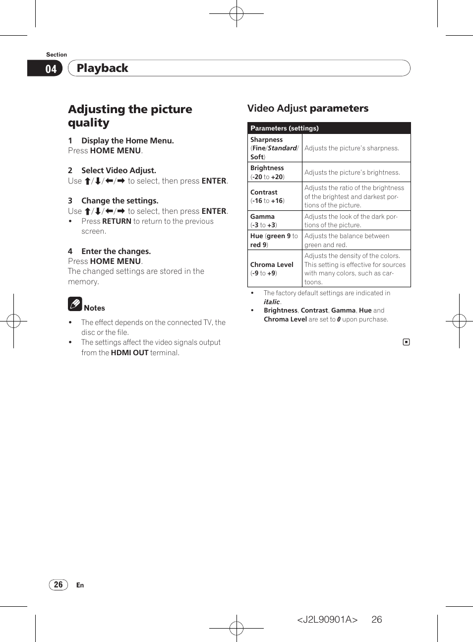 Adjusting the picture quality, Playback, Video adjust parameters | Pioneer DV-420V-S User Manual | Page 26 / 47