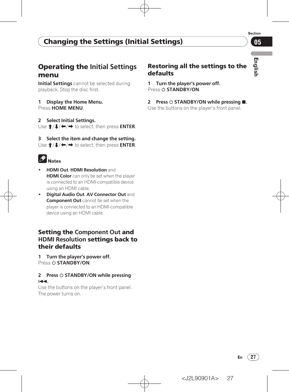 Operating the initial settings menu, Changing the settings (initial settings) | Pioneer DV-420V-S User Manual | Page 27 / 47