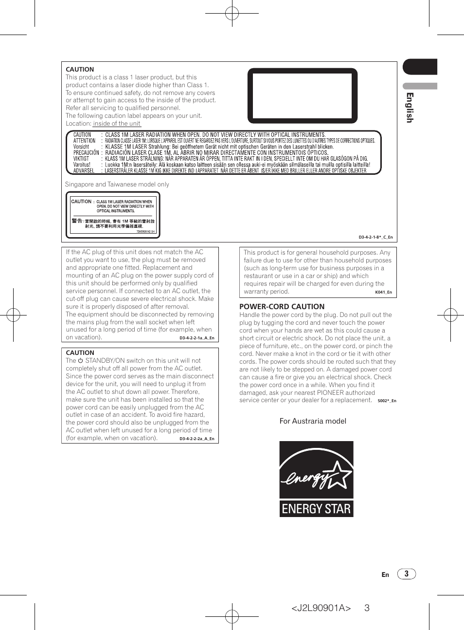 Class 1 laser product, English | Pioneer DV-420V-S User Manual | Page 3 / 47