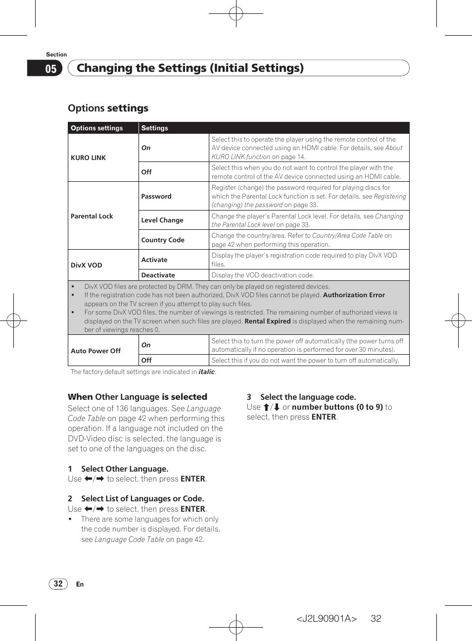 Changing the settings (initial settings), Options settings | Pioneer DV-420V-S User Manual | Page 32 / 47