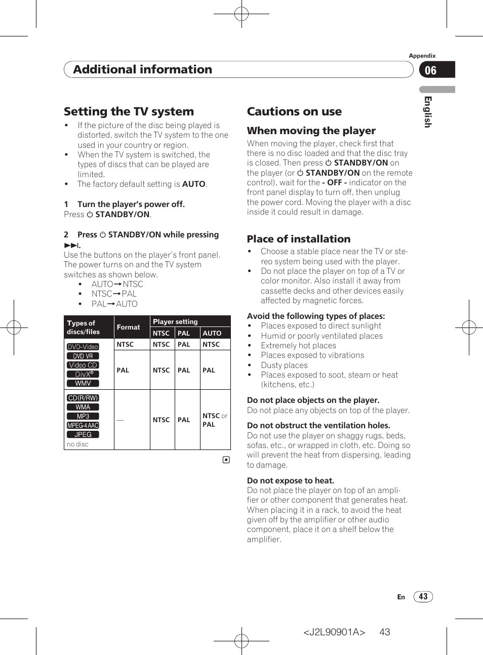 Setting the tv system cautions on use, Additional information, Setting the tv system | Cautions on use, When moving the player, Place of installation | Pioneer DV-420V-S User Manual | Page 43 / 47