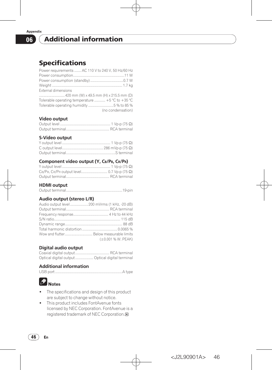 Specifications, Additional information | Pioneer DV-420V-S User Manual | Page 46 / 47