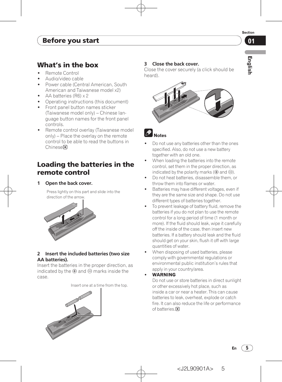 Before you start, What’s in the box, Loading the batteries in the remote control | Pioneer DV-420V-S User Manual | Page 5 / 47