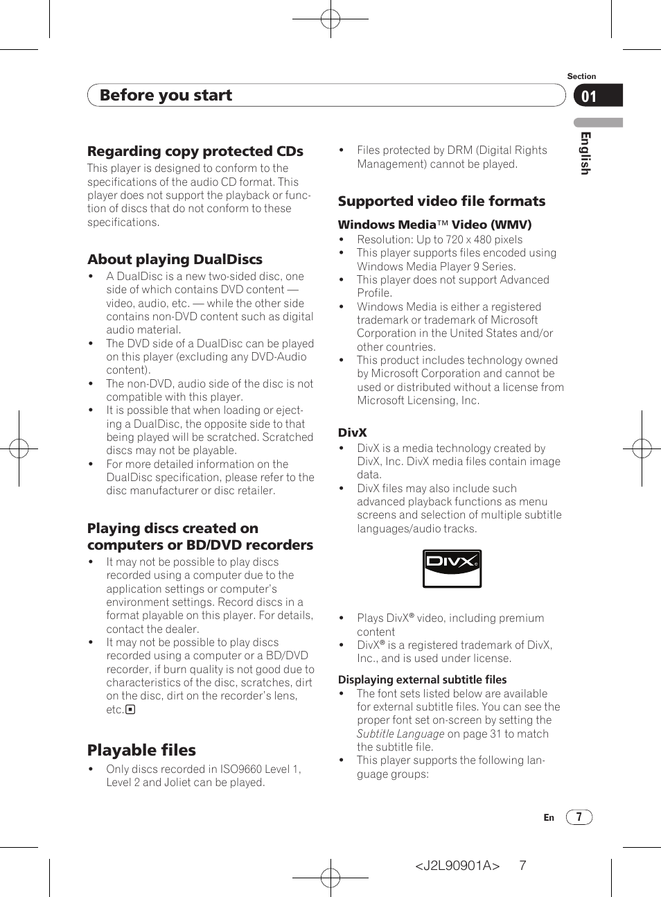 Playable files, Before you start, Regarding copy protected cds | About playing dualdiscs, Supported video file formats | Pioneer DV-420V-S User Manual | Page 7 / 47