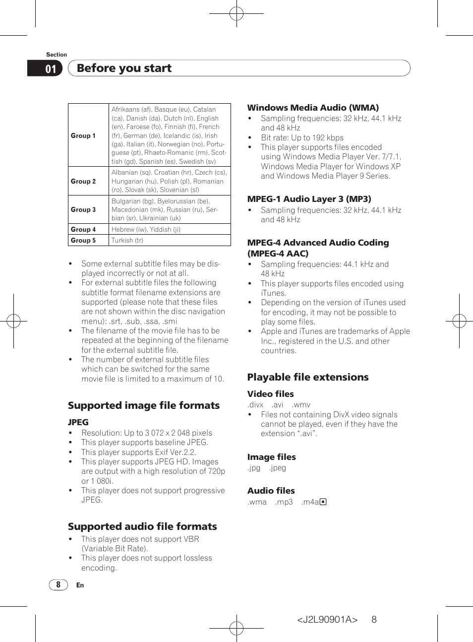 Before you start, Supported image file formats, Supported audio file formats | Playable file extensions | Pioneer DV-420V-S User Manual | Page 8 / 47
