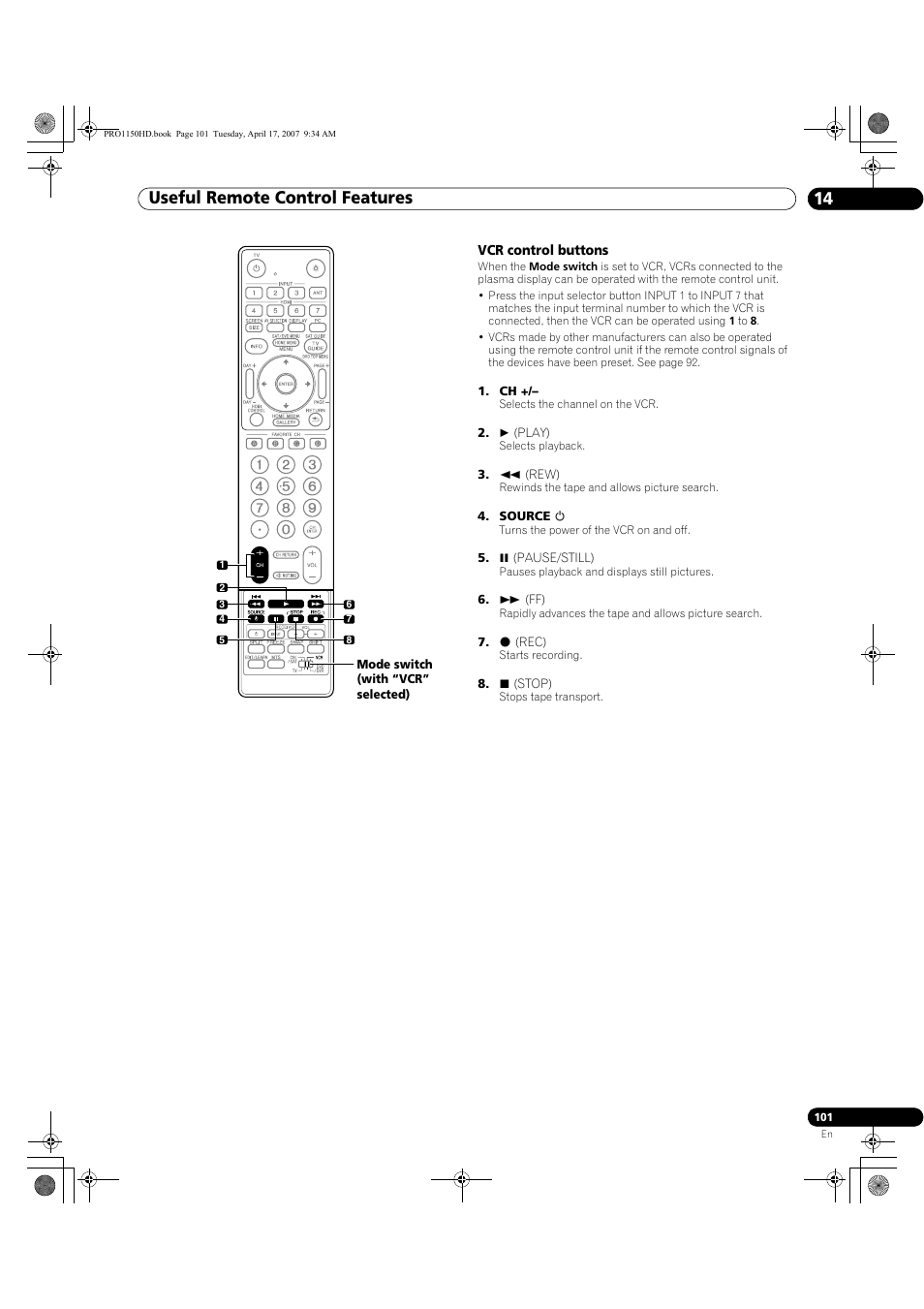 Useful remote control features 14 | Pioneer PRO-950HD User Manual | Page 101 / 120