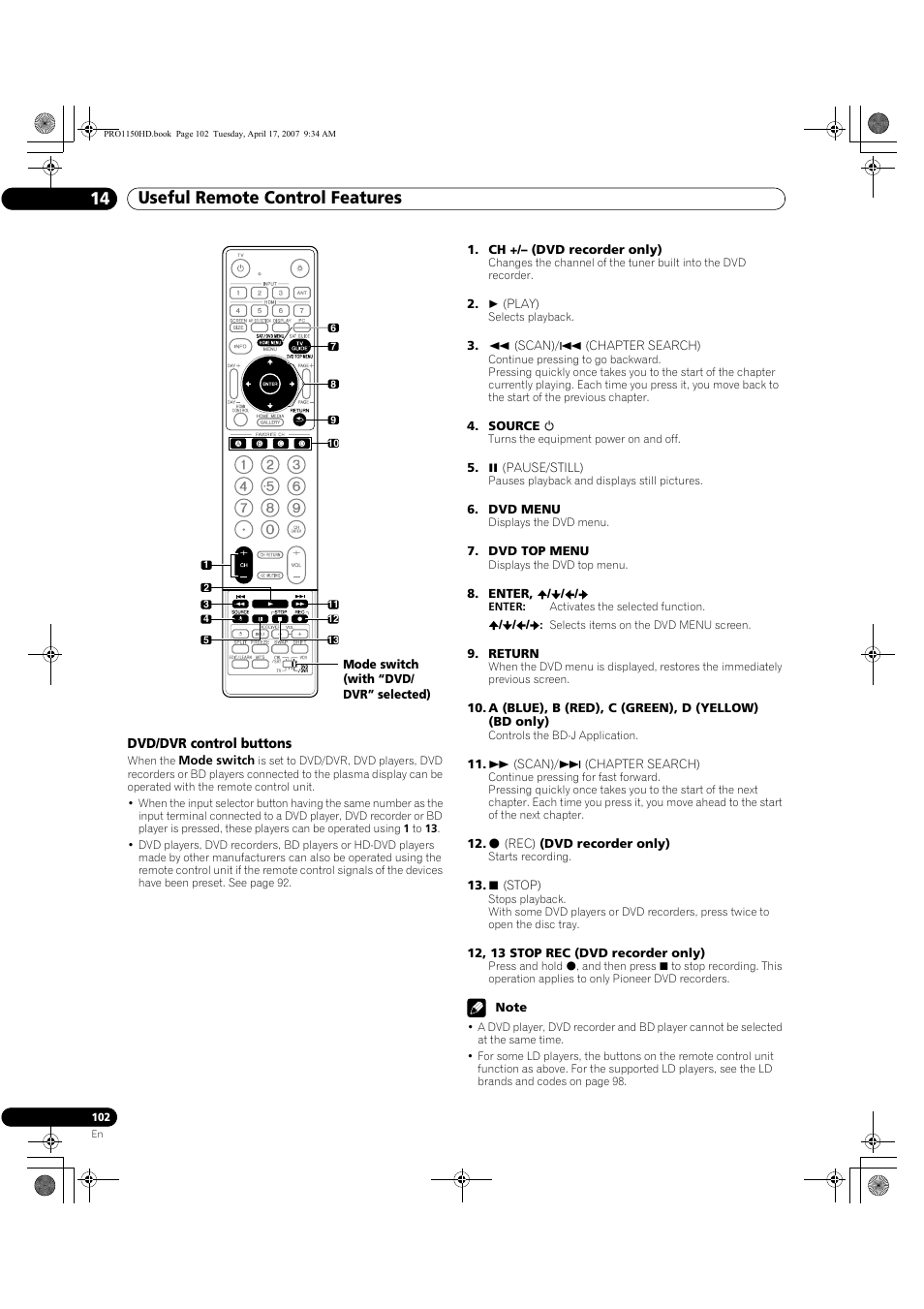 Useful remote control features 14 | Pioneer PRO-950HD User Manual | Page 102 / 120