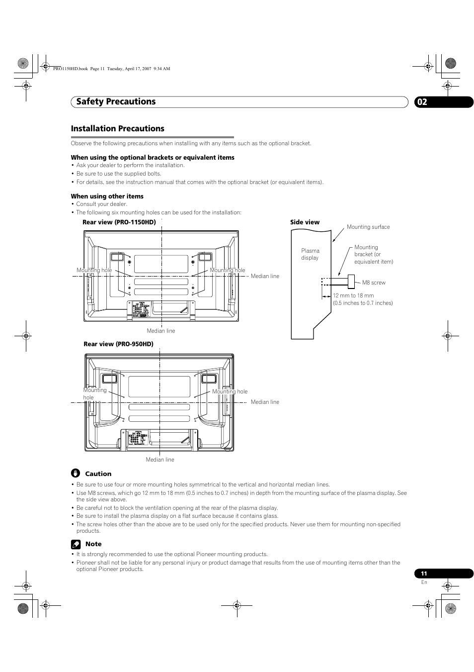 Installation precautions, Safety precautions 02 | Pioneer PRO-950HD User Manual | Page 11 / 120