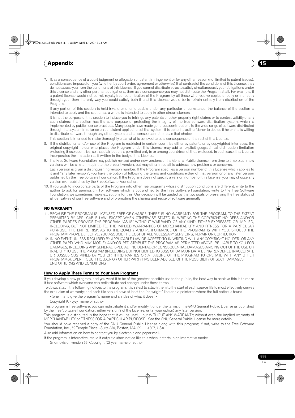 Appendix 15 | Pioneer PRO-950HD User Manual | Page 111 / 120