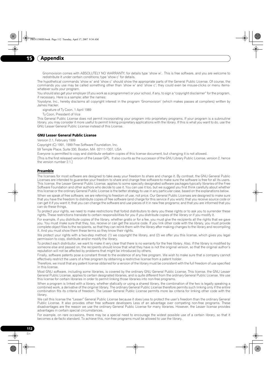 Appendix 15 | Pioneer PRO-950HD User Manual | Page 112 / 120