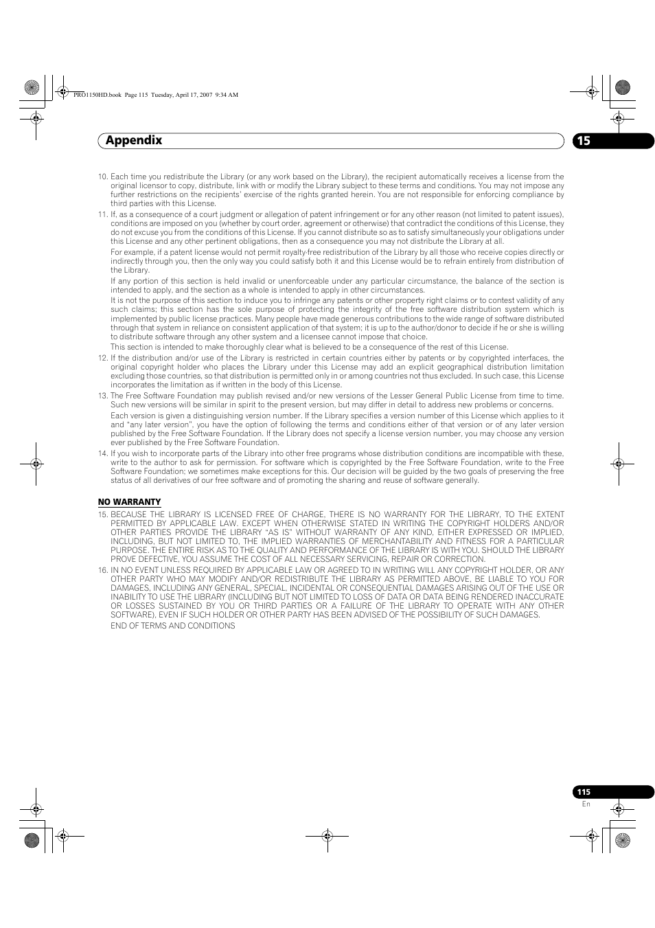 Appendix 15 | Pioneer PRO-950HD User Manual | Page 115 / 120