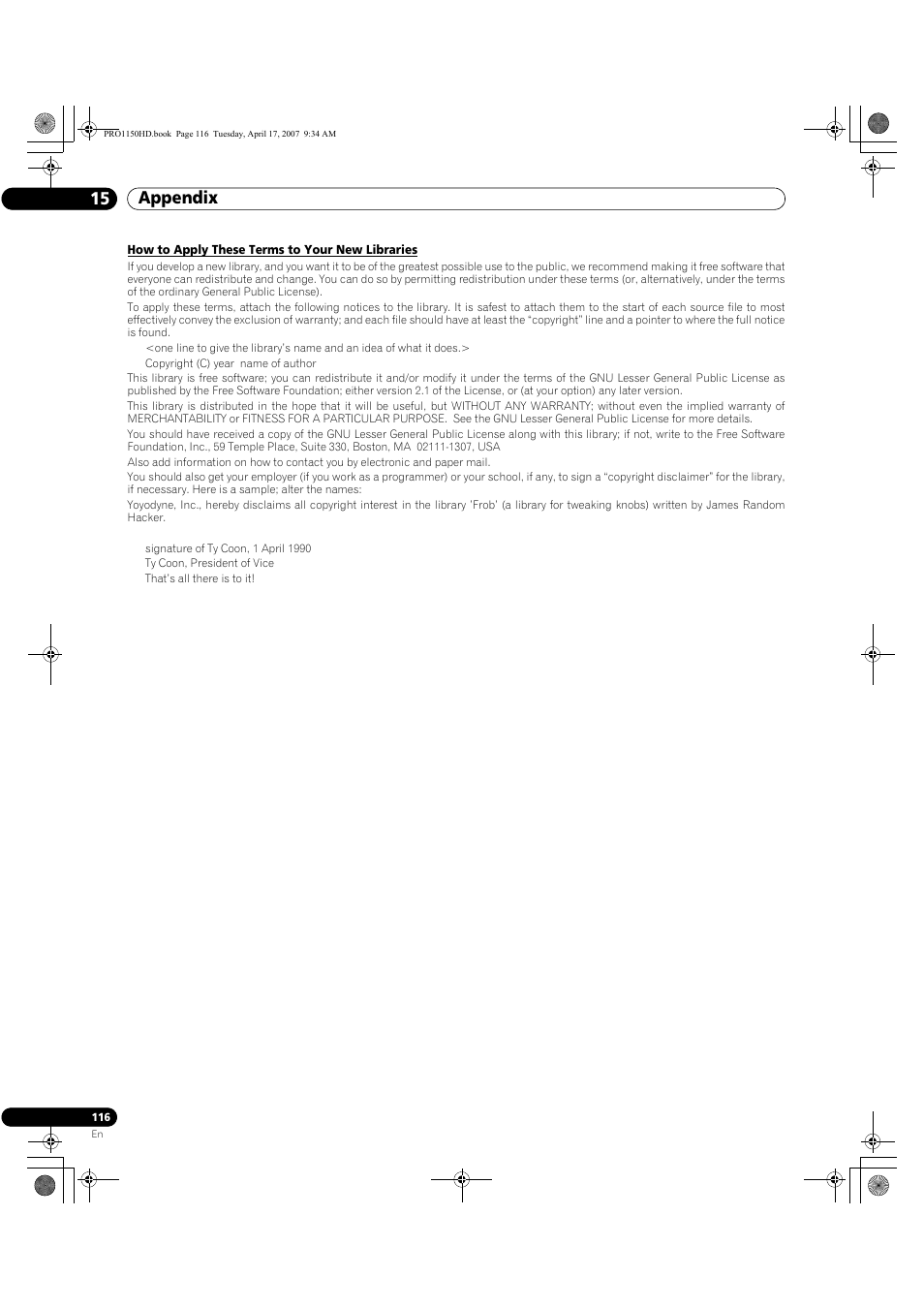 Appendix 15 | Pioneer PRO-950HD User Manual | Page 116 / 120