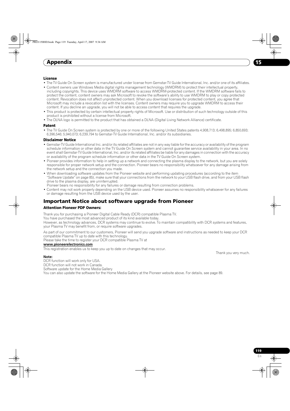 Appendix 15 | Pioneer PRO-950HD User Manual | Page 119 / 120