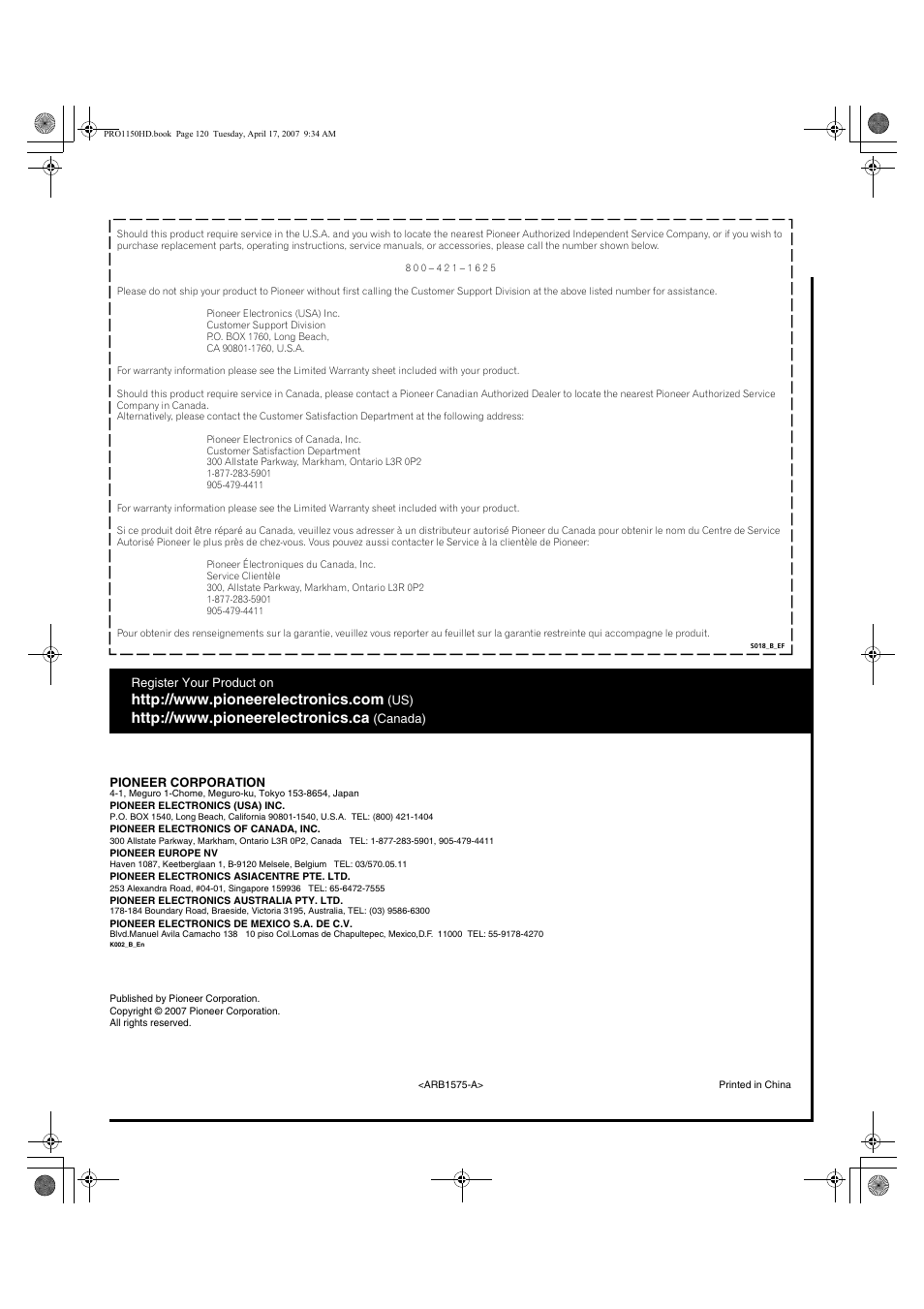 Pioneer PRO-950HD User Manual | Page 120 / 120