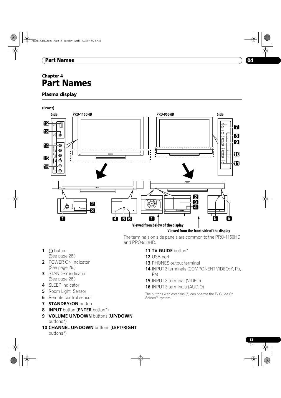 04 part names, Plasma display, Part names | Pioneer PRO-950HD User Manual | Page 13 / 120