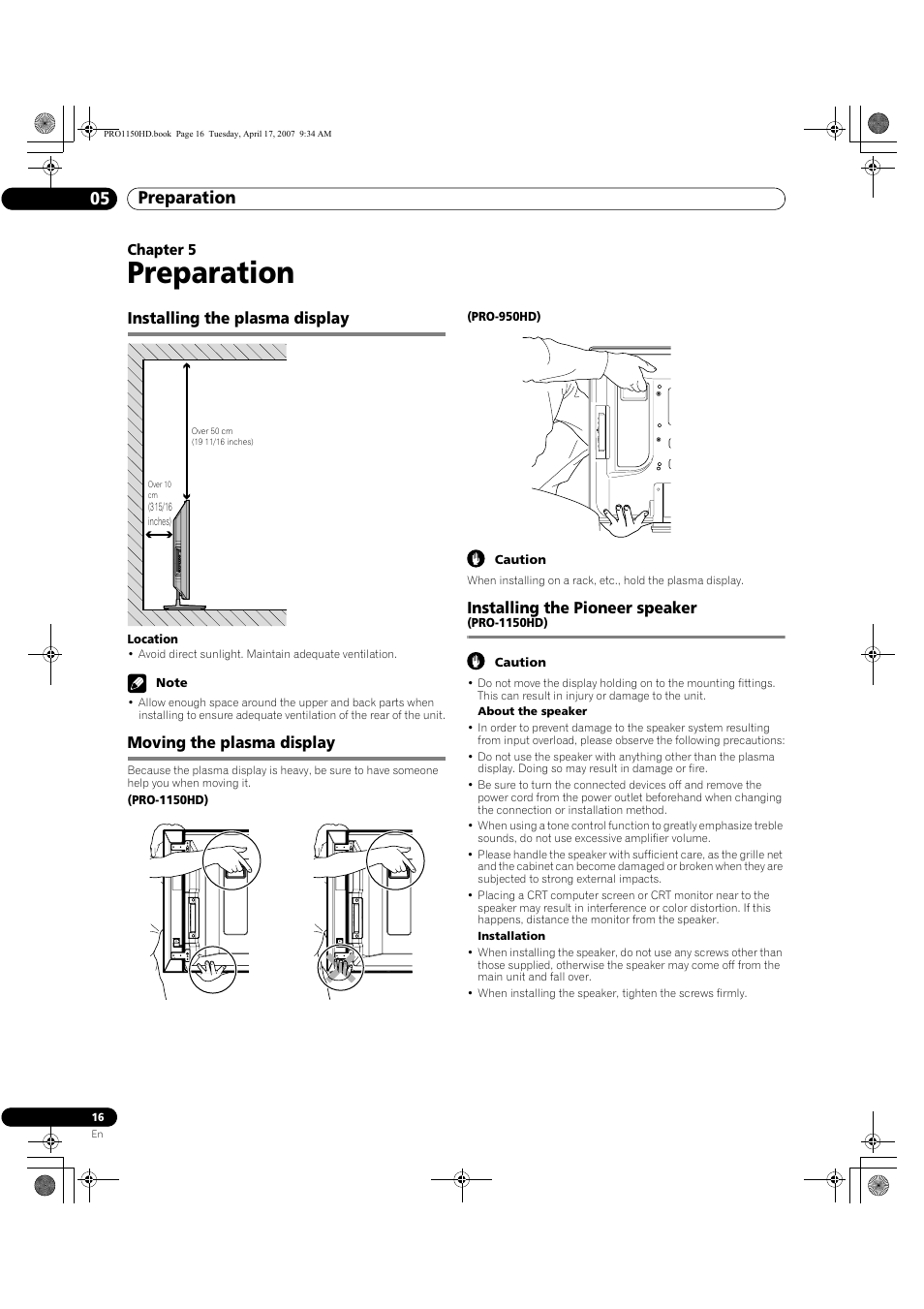 05 preparation, Preparation, Preparation 05 | Installing the plasma display, Moving the plasma display, Installing the pioneer speaker | Pioneer PRO-950HD User Manual | Page 16 / 120
