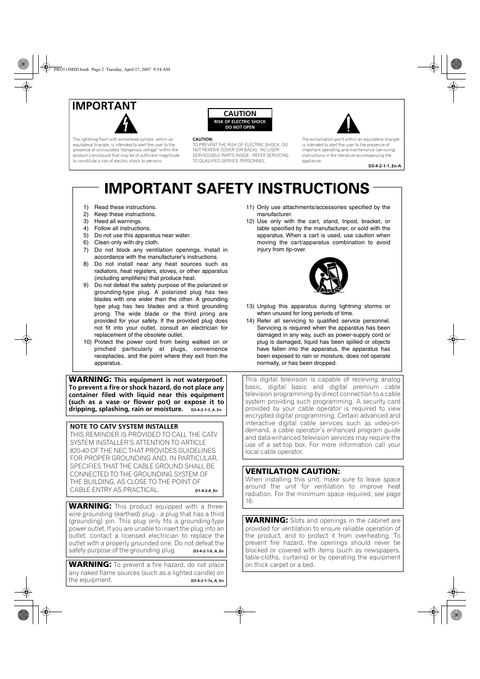 Important, Warning, Ventilation caution | Pioneer PRO-950HD User Manual | Page 2 / 120