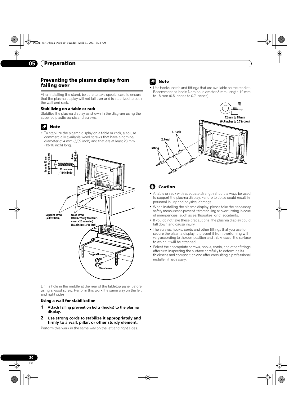 Preventing the plasma display from falling over, Preparation 05 | Pioneer PRO-950HD User Manual | Page 20 / 120