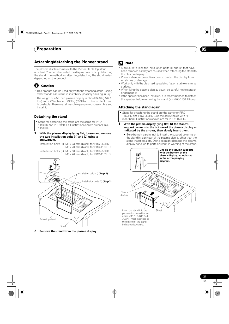 Attaching/detaching the pioneer stand, Preparation 05 | Pioneer PRO-950HD User Manual | Page 21 / 120