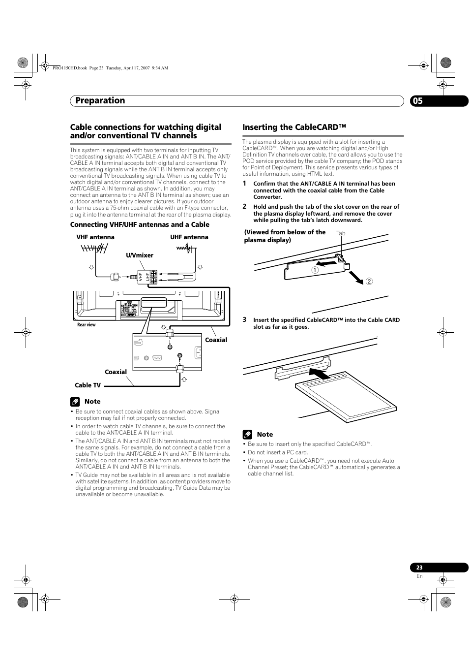 Preparation 05, Inserting the cablecard | Pioneer PRO-950HD User Manual | Page 23 / 120