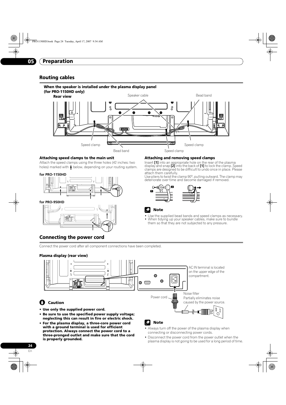 Routing cables connecting the power cord, Preparation 05, Routing cables | Connecting the power cord | Pioneer PRO-950HD User Manual | Page 24 / 120