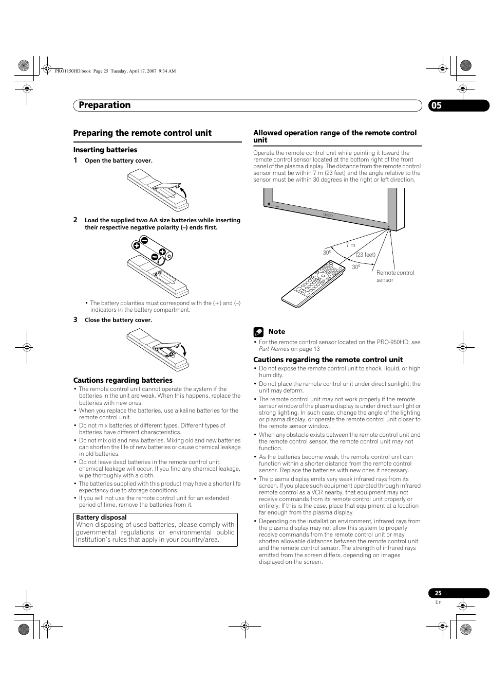 Preparing the remote control unit, Allowed operation range of the remote control unit, Preparation 05 | Pioneer PRO-950HD User Manual | Page 25 / 120