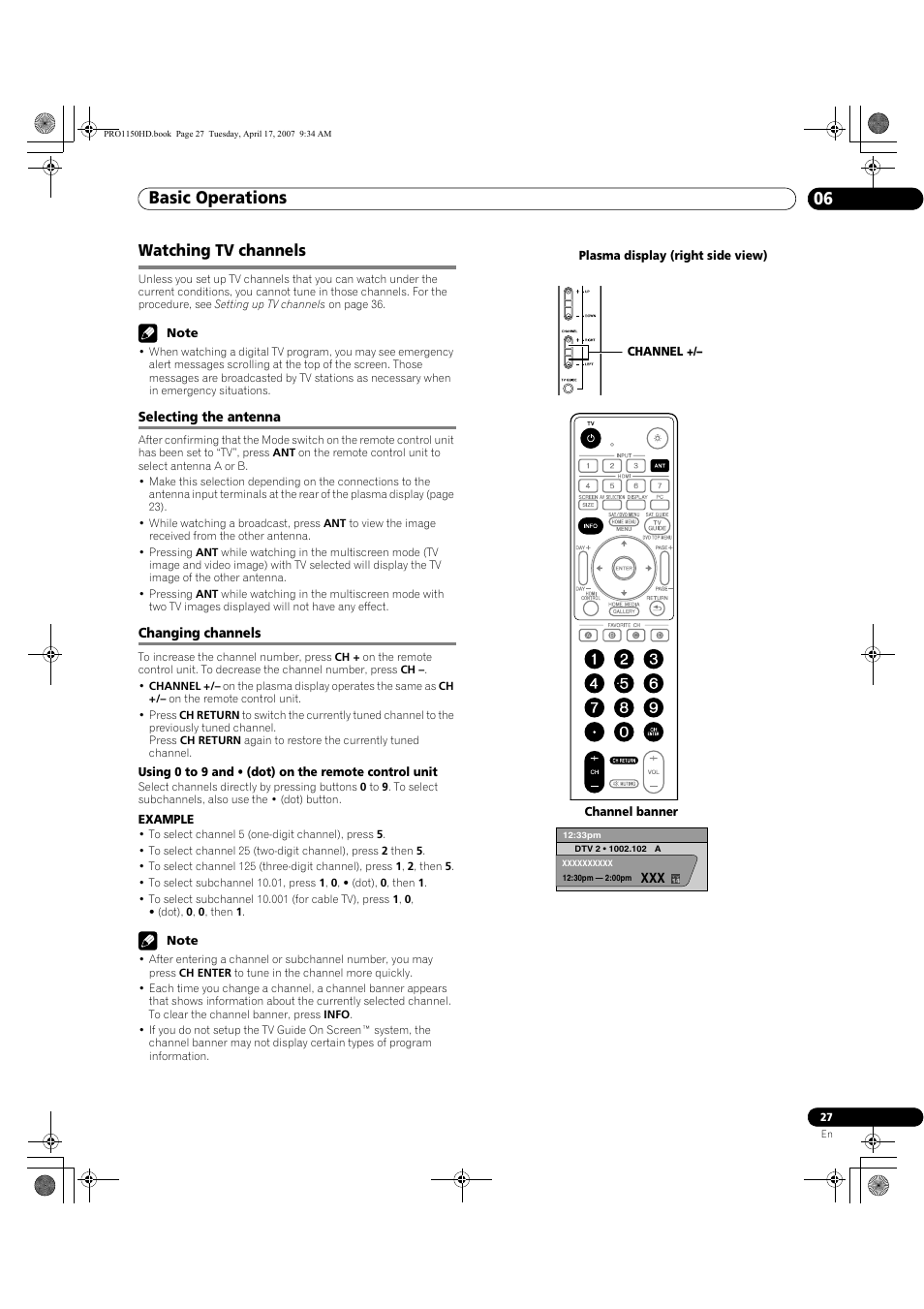 Watching tv channels, Selecting the antenna changing channels, Basic operations 06 | Pioneer PRO-950HD User Manual | Page 27 / 120