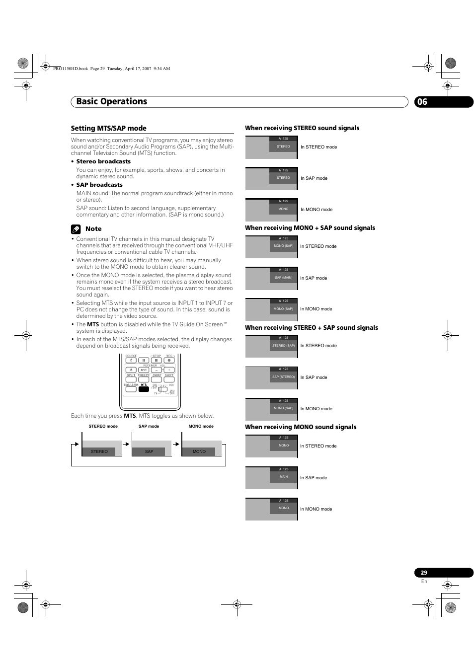 Setting mts/sap mode, Basic operations 06 | Pioneer PRO-950HD User Manual | Page 29 / 120