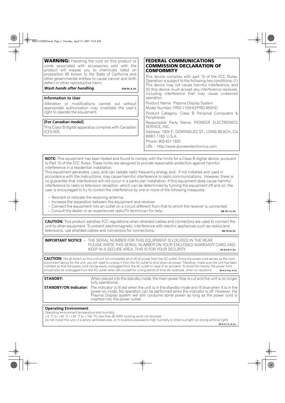 Warning | Pioneer PRO-950HD User Manual | Page 3 / 120