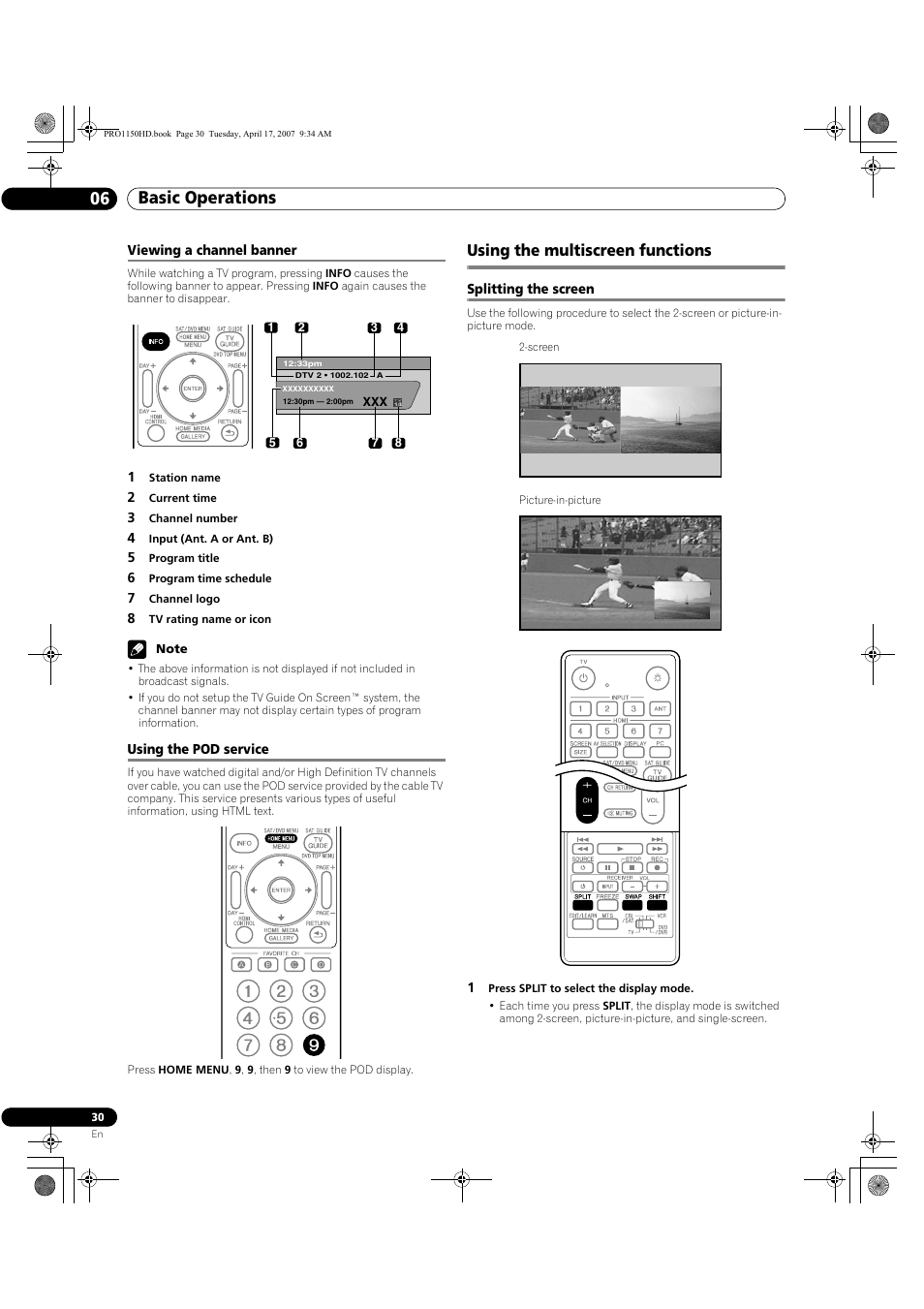 Viewing a channel banner using the pod service, Using the multiscreen functions, Splitting the screen | Basic operations 06 | Pioneer PRO-950HD User Manual | Page 30 / 120