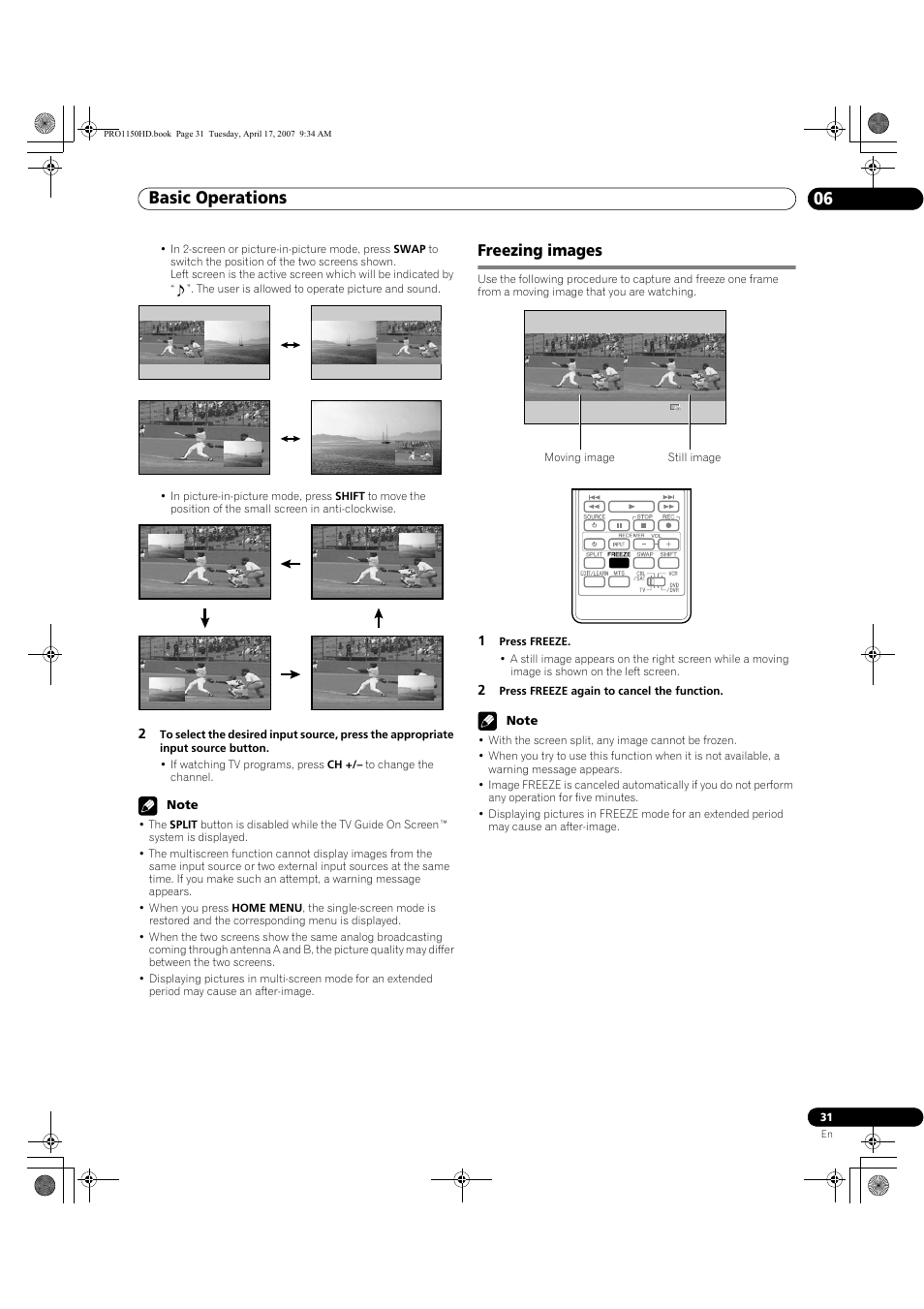 Freezing images, Basic operations 06 | Pioneer PRO-950HD User Manual | Page 31 / 120