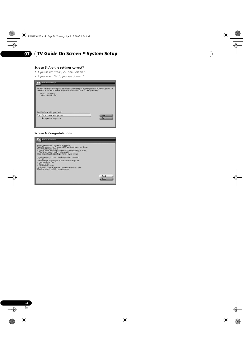 Tv guide on screen™ system setup 07 | Pioneer PRO-950HD User Manual | Page 34 / 120