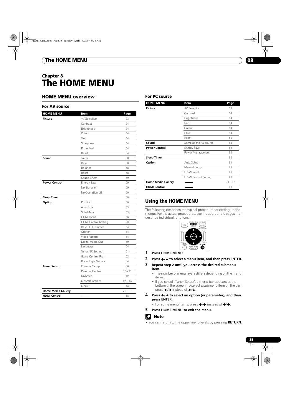 08 the home menu, Home menu overview using the home menu, The home menu | The home menu 08, Home menu overview, Using the home menu, Chapter 8, For av source for pc source | Pioneer PRO-950HD User Manual | Page 35 / 120