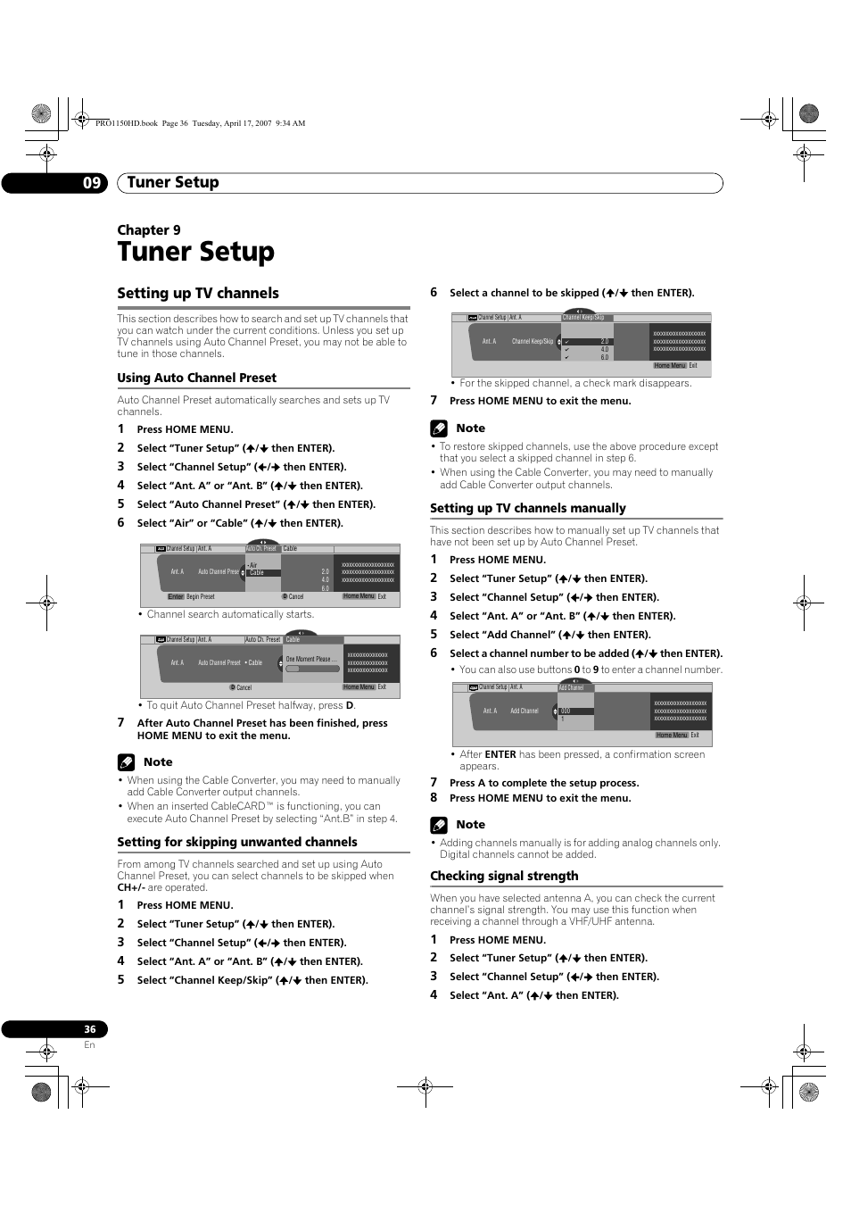 09 tuner setup, Setting up tv channels, Tuner setup | Tuner setup 09, Chapter 9 | Pioneer PRO-950HD User Manual | Page 36 / 120