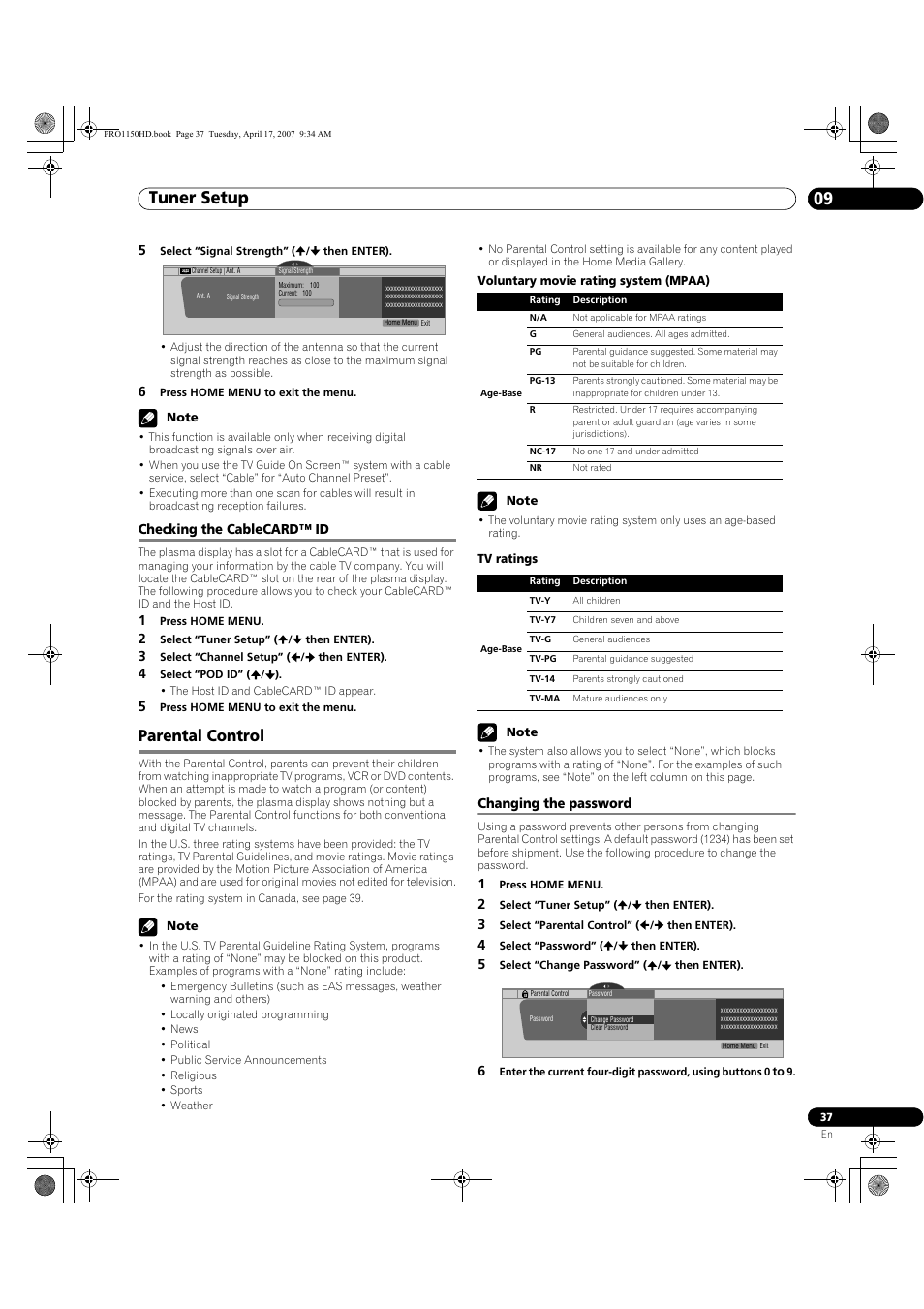 Checking the cablecard™ id, Parental control, Changing the password | Tuner setup 09 | Pioneer PRO-950HD User Manual | Page 37 / 120