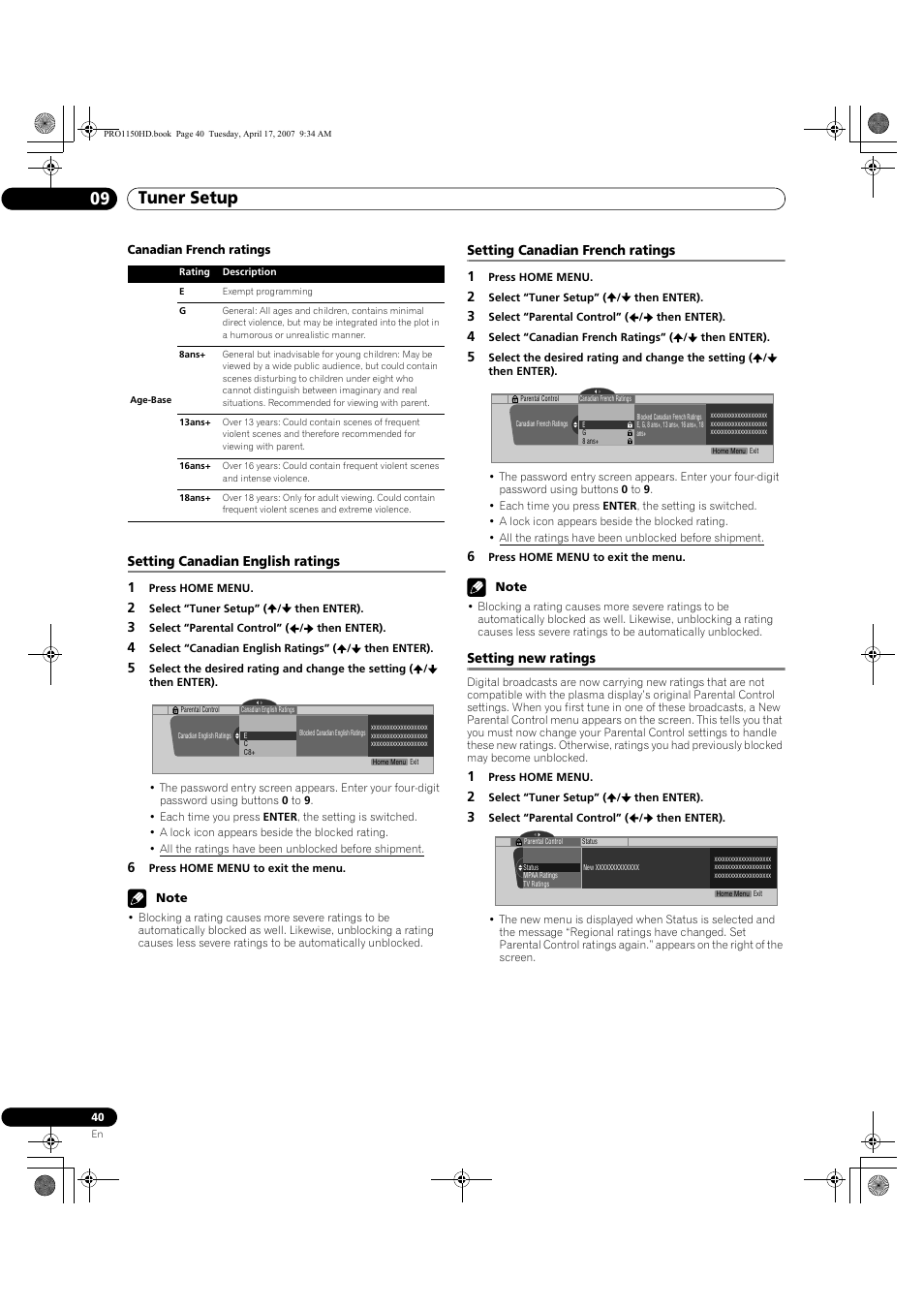 Tuner setup 09, Setting canadian english ratings 1, Setting canadian french ratings 1 | Setting new ratings | Pioneer PRO-950HD User Manual | Page 40 / 120