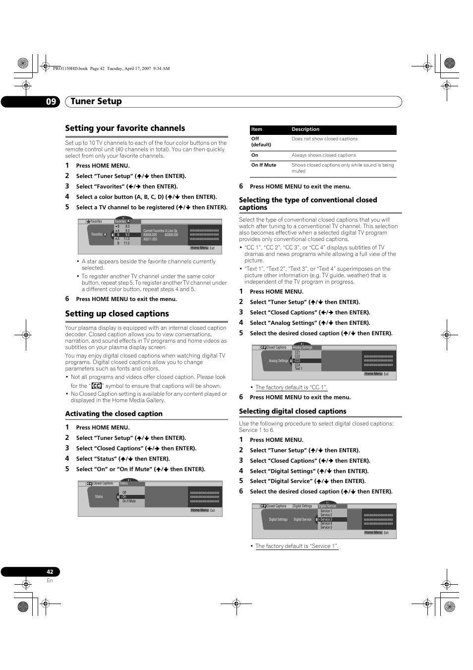 Setting your favorite channels, Setting up closed captions, Tuner setup 09 | Activating the closed caption 1, Selecting the type of conventional closed captions, Selecting digital closed captions | Pioneer PRO-950HD User Manual | Page 42 / 120