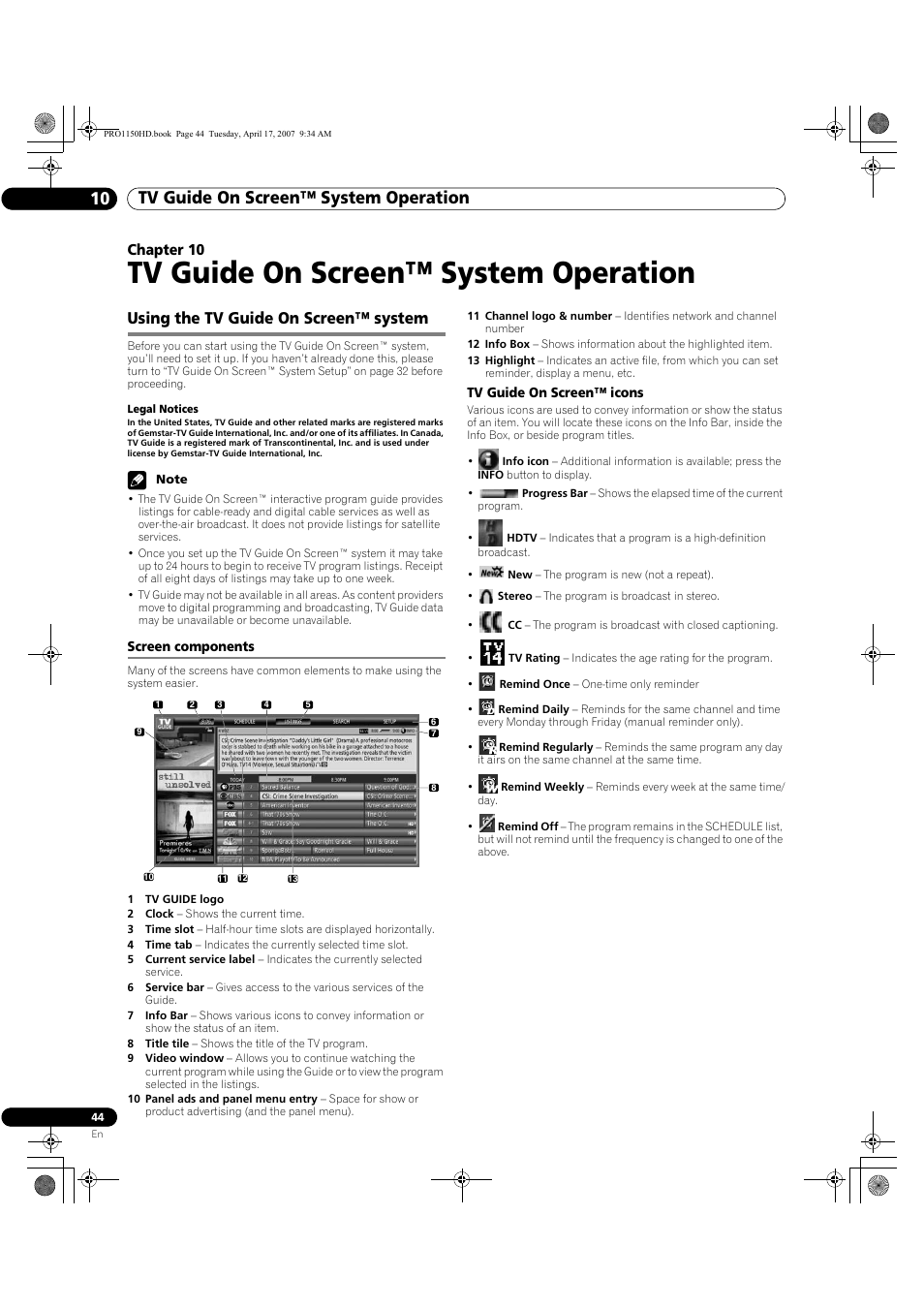 10 tv guide on screen™ system, Operation, Using the tv guide on screen™ system | Screen components, Tv guide on screen™ system operation, Tv guide on screen™ system operation 10, Chapter 10 | Pioneer PRO-950HD User Manual | Page 44 / 120